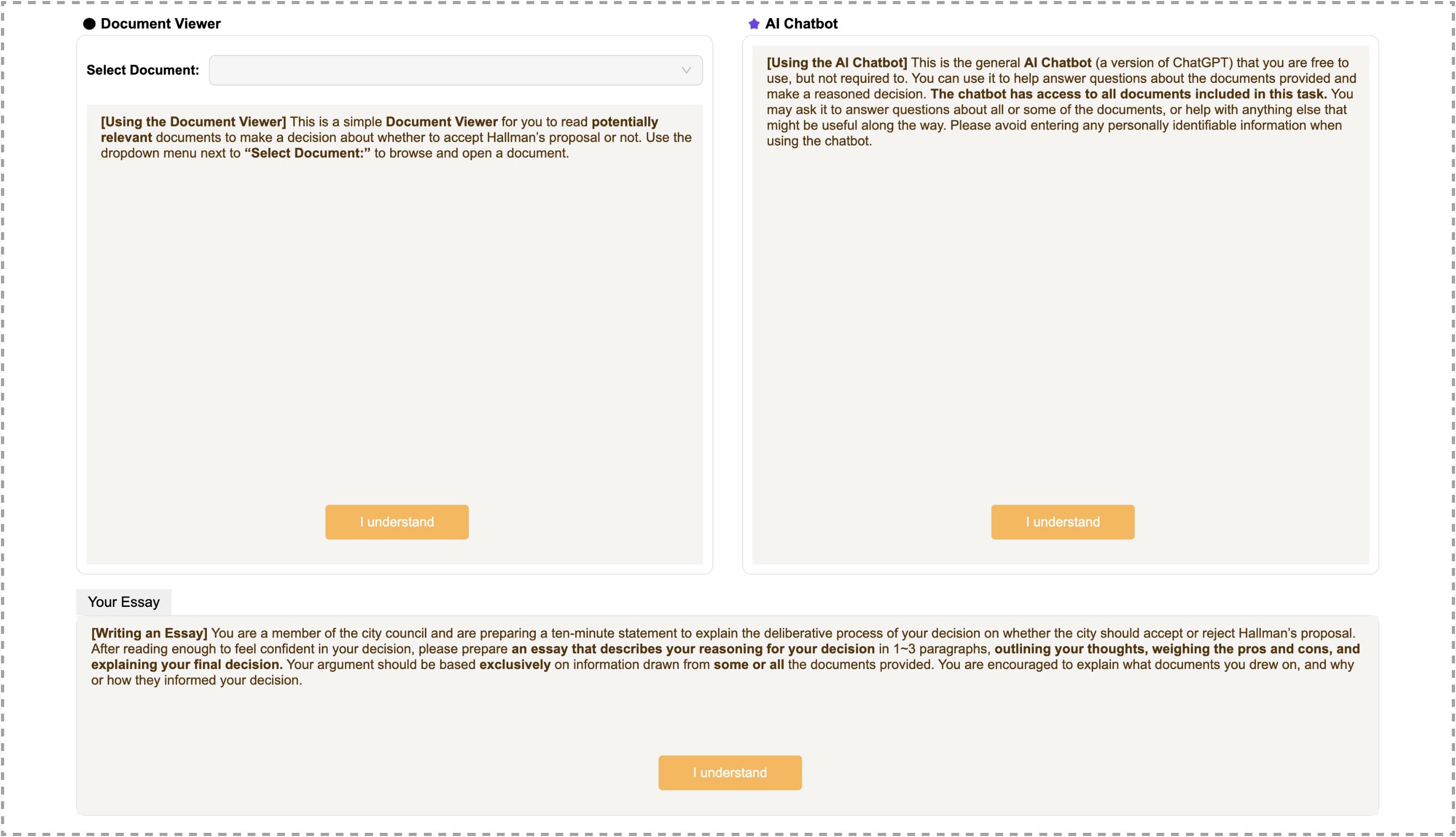 Task interface with the document viewer on the left, the chatbot on the right, and the essay box below.