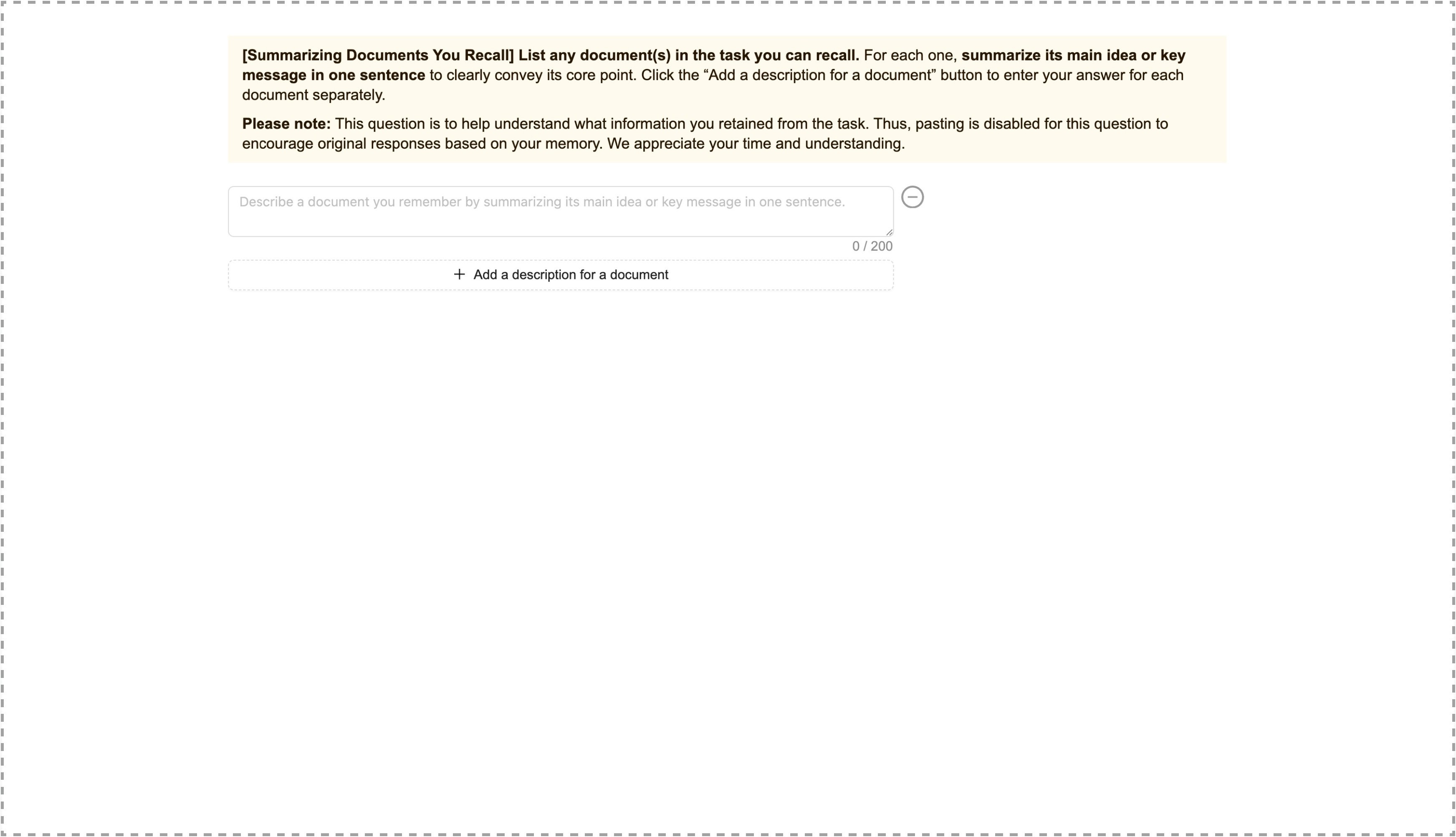 Recall assessment interface with fields for summarizing each document from memory.