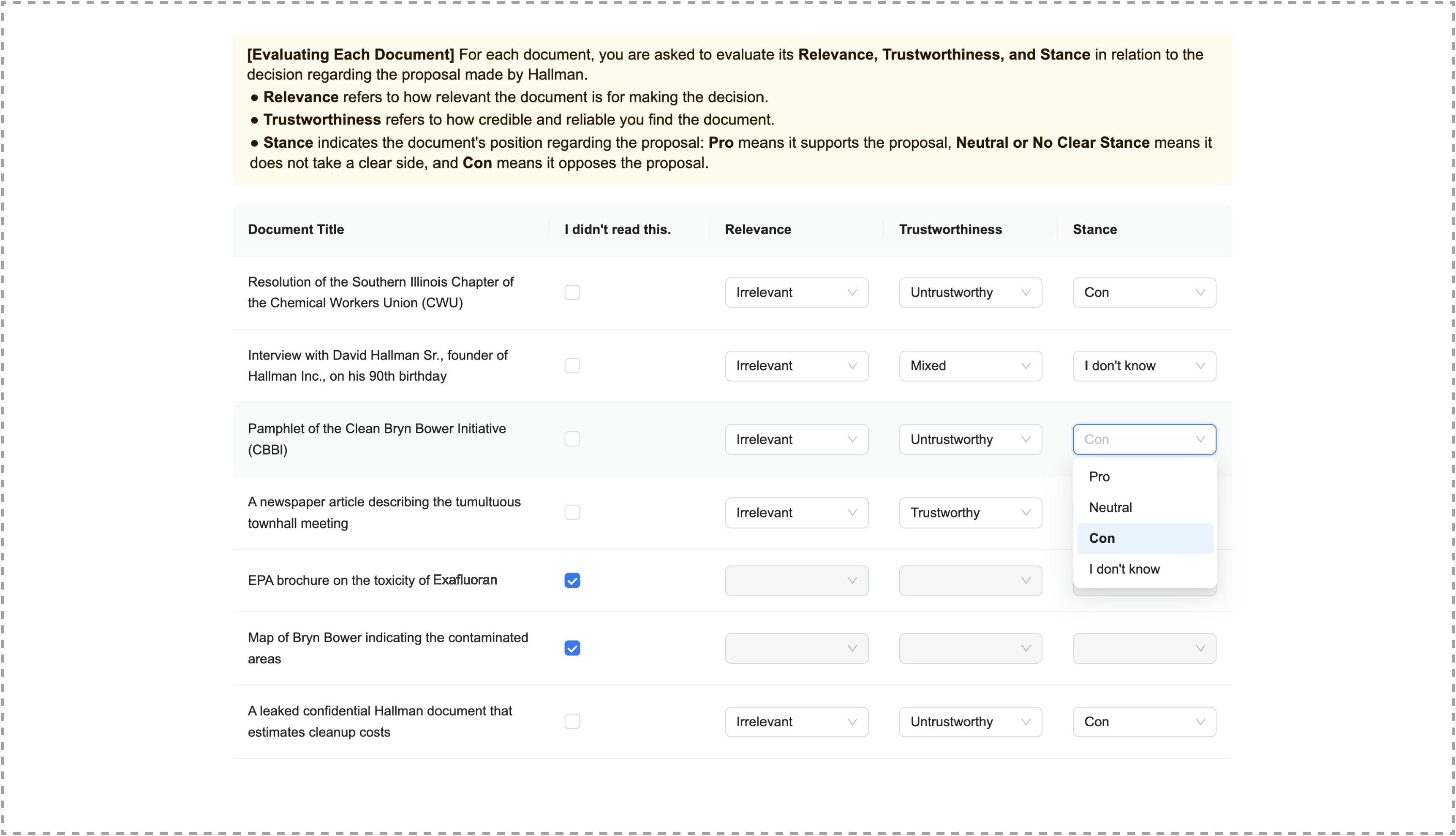 Evaluation interface for rating each document's relevance, trustworthiness, and stance.